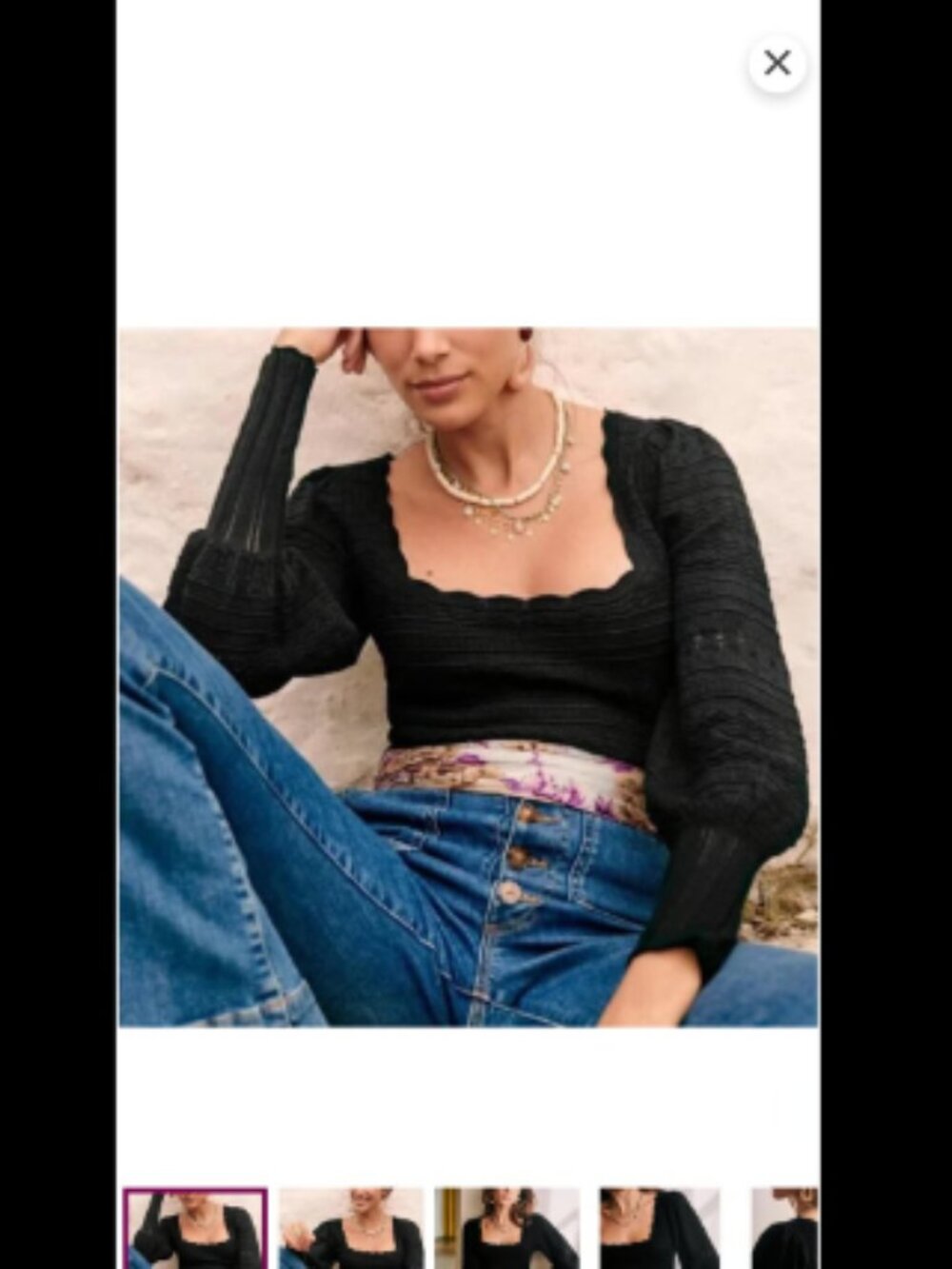 Sézane Black Jacob Jumper Crochet Knit Square Neck Puff Sleeve Sweater XS - Picture 7 of 7